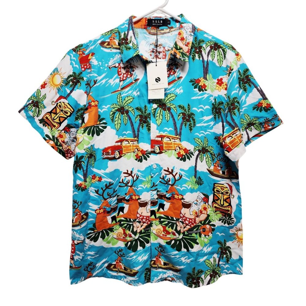 Mens Hawaiian Shirt Santa Reindeer  Short Sleeve Blue Tropical Design Size L